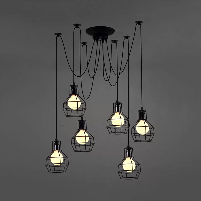 Industrial Style Spider Pendant Hanging Light - 6 Bulbs Black/Gold Iron Dining Room Ceiling Lamp