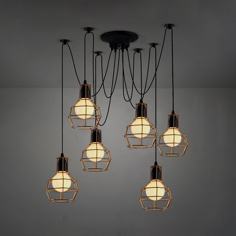 Industrial Style Spider Pendant Hanging Light - 6 Bulbs Black/Gold Iron Dining Room Ceiling Lamp