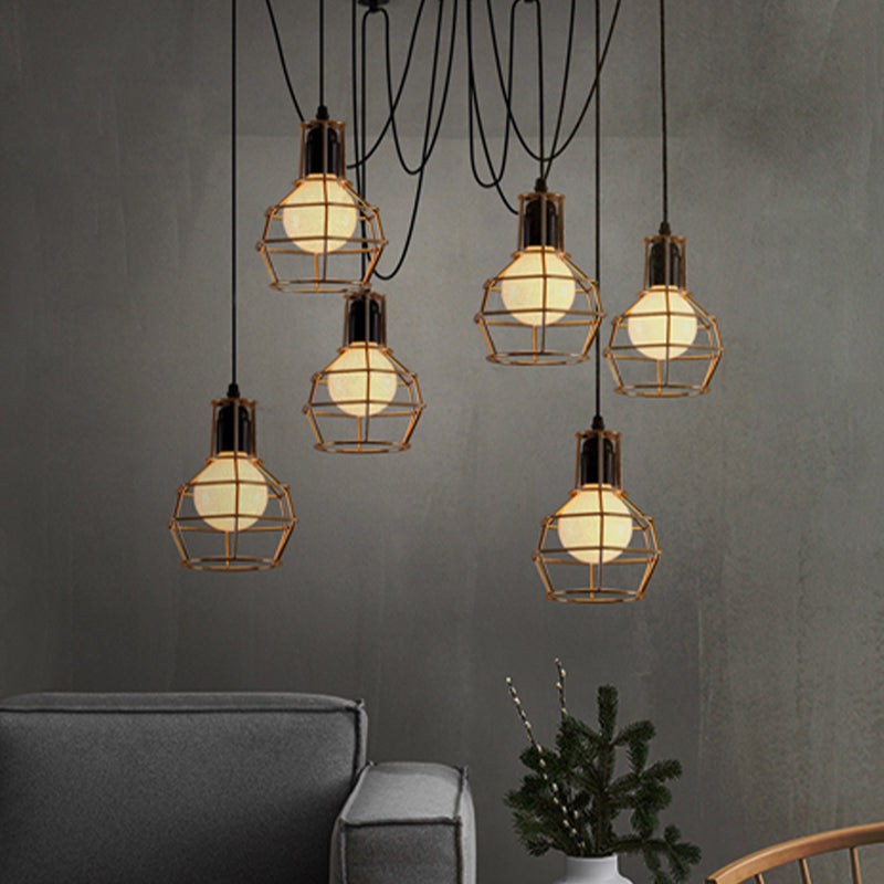 Industrial Style Spider Pendant Hanging Light - 6 Bulbs Black/Gold Iron Dining Room Ceiling Lamp
