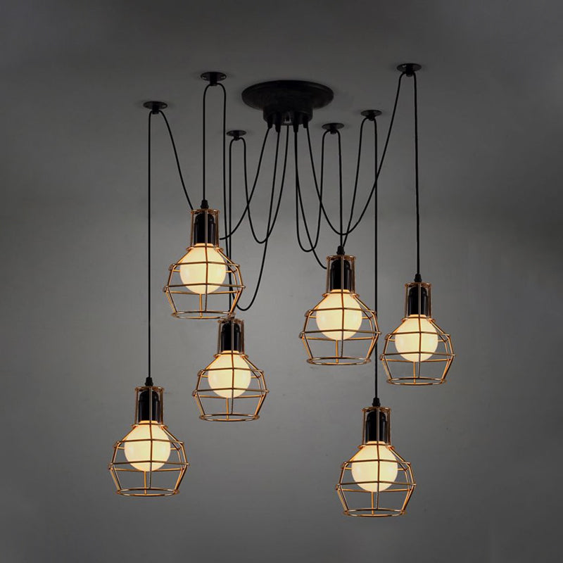Industrial Style Spider Pendant Hanging Light - 6 Bulbs Black/Gold Iron Dining Room Ceiling Lamp