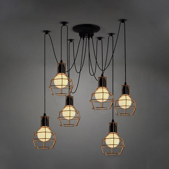 Industrial Style Spider Pendant Hanging Light - 6 Bulbs Black/Gold Iron Dining Room Ceiling Lamp