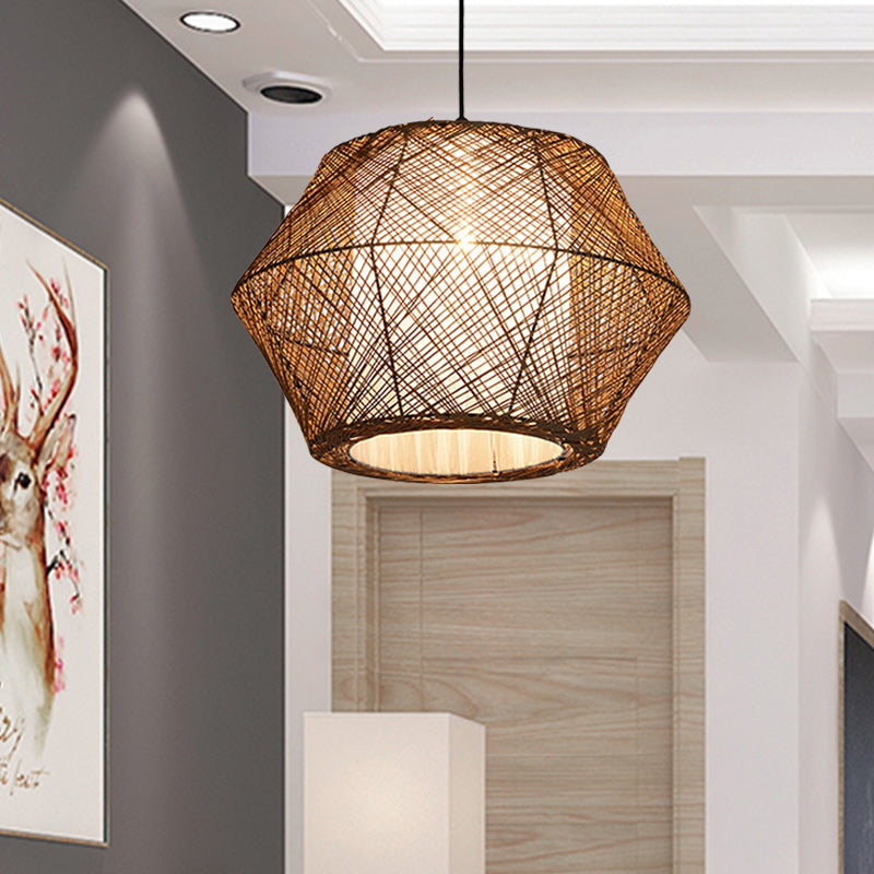 Handmade Asian Style Rattan Fiber Ceiling Pendant Light - Geometric Shade 1 Beige Suspended Lamp