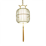 Chinese Style Indoor Pendant Lamp - Cylinder Bamboo Shade Black/Gold Hanging Fixture