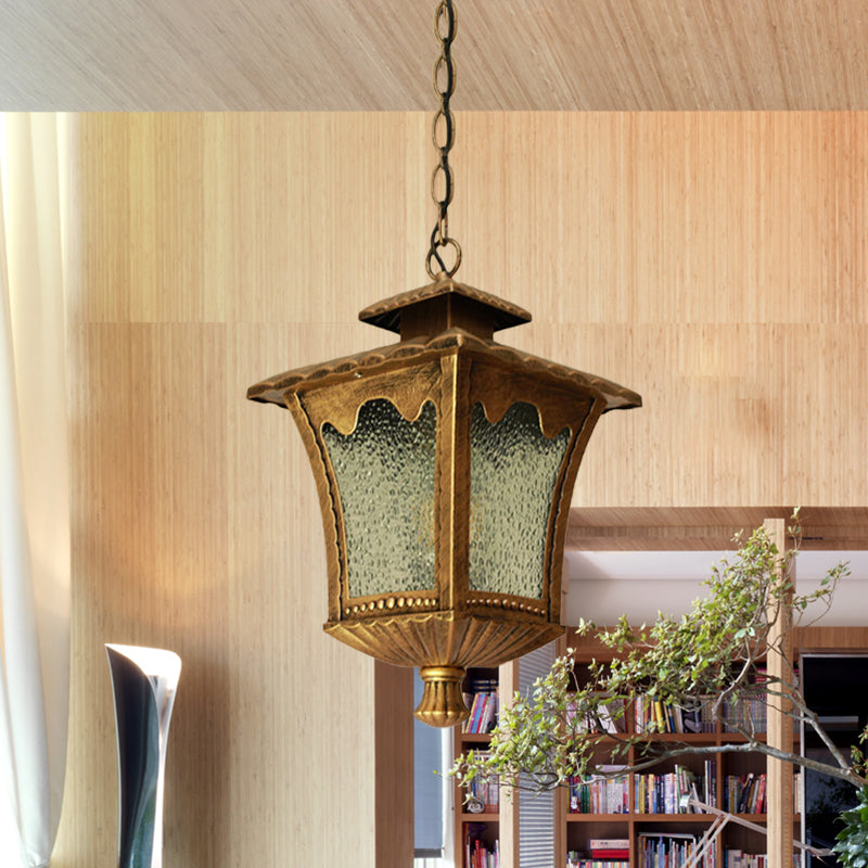 Rustic Aluminum Black/Bronze Pendant Light With Tetragonal Lotus Design And Water Glass Shade