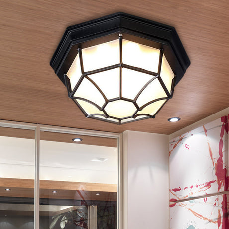 Opal Glass Octagonal Bedroom Flushmount Lodge With 1-Head Modern White/Black Finish Flush Mount Lamp