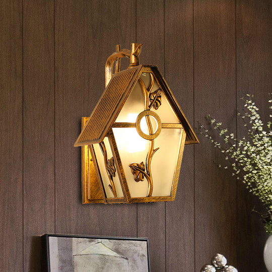 Farmhouse Bronze Wall Sconce Light: 1 Head House Shape With Clear/Frosted/Ribbed Glass
