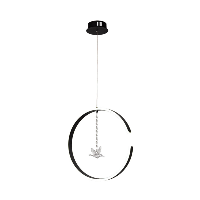 Modern Black Led Pendant Lamp With Acrylic Ring & Bird Crystal Droplet In White/Warm Light