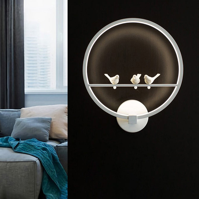 Modern Led White Circle Sconce Wall Mount Lamp With Birds Decor For Bedroom