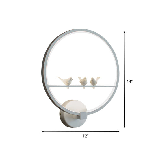 Modern Led White Circle Sconce Wall Mount Lamp With Birds Decor For Bedroom