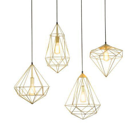 Modern Style Gold Metallic Prism Cage Pendant Light With Adjustable Cord - 1-Light Suspension Lamp