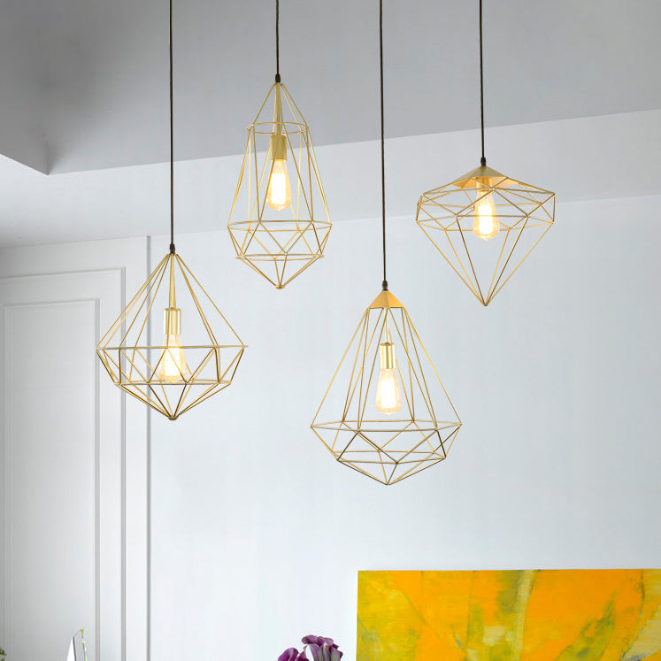 Modern Style Gold Metallic Prism Cage Pendant Light With Adjustable Cord