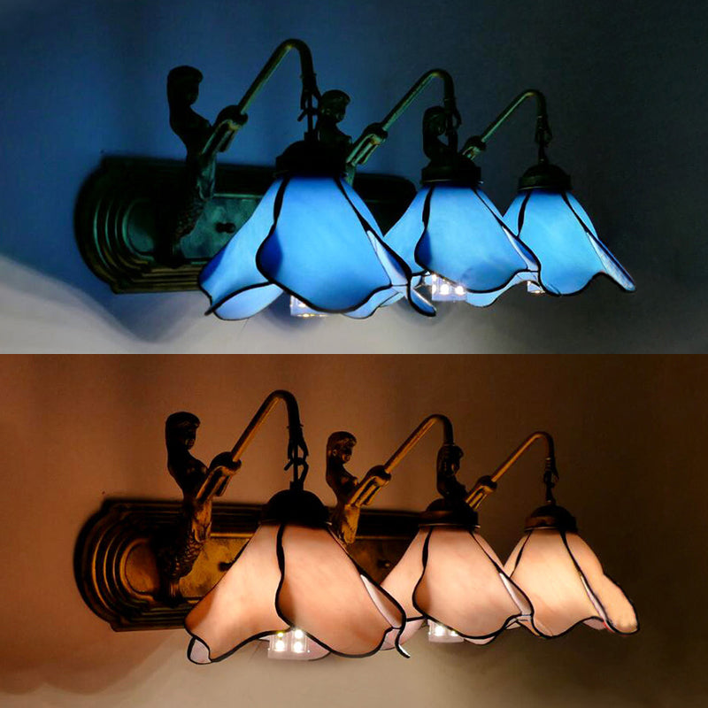 Mermaid-Inspired 3-Head Flower Wall Sconce With Pink/Blue Glass Light Fixture