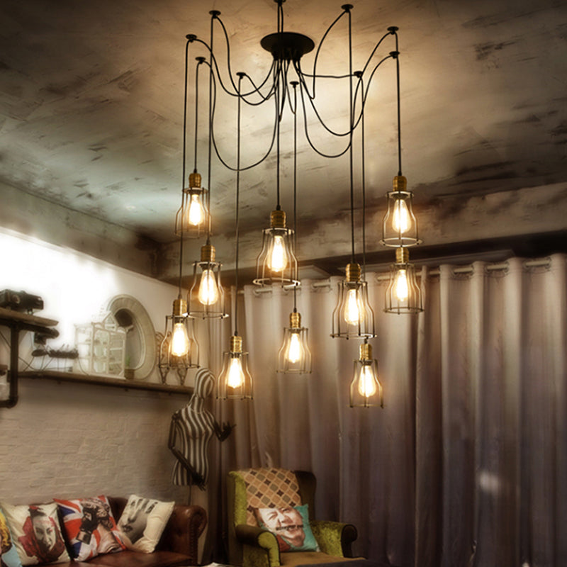 Vintage Metal Swag Pendant Lamp With Wire Guard - 6/10 Bulbs Stylish Black Ceiling Fixture For