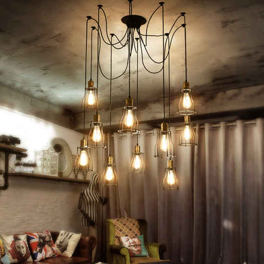 Vintage Metal Swag Pendant Lamp With Wire Guard - 6/10 Bulbs Stylish Black Ceiling Fixture For