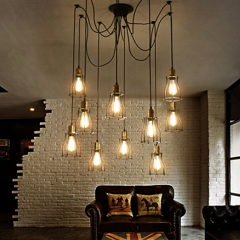 Vintage Metal Swag Pendant Lamp With Wire Guard - 6/10 Bulbs Stylish Black Ceiling Fixture For