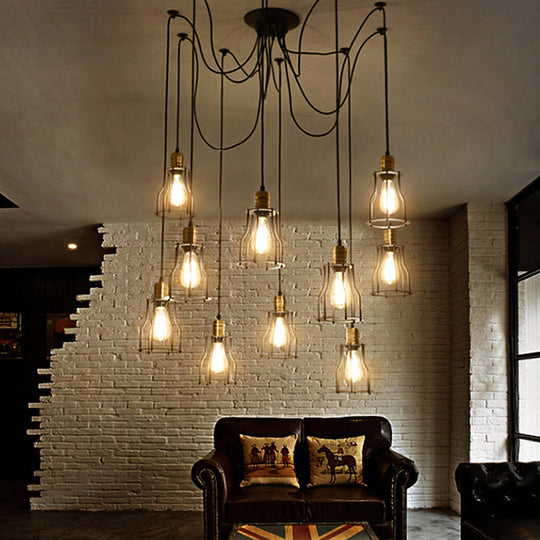 Vintage Metal Swag Pendant Lamp With Wire Guard - 6/10 Bulbs Stylish Black Ceiling Fixture For