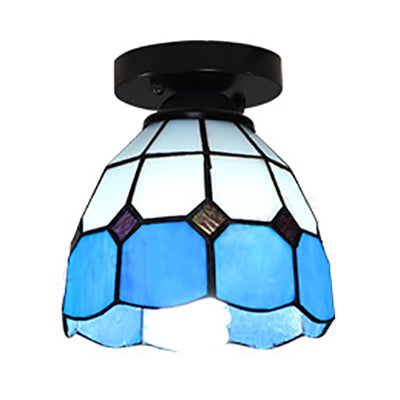 Dome Tiffany Style Stained Glass Ceiling Light With 1 - White/Blue/Clear For Corridor
