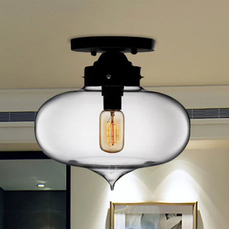 Sleek Black Industrial Semi Flush Light With Red/Brown/Amber Glass Oval Shade - Perfect For Dining