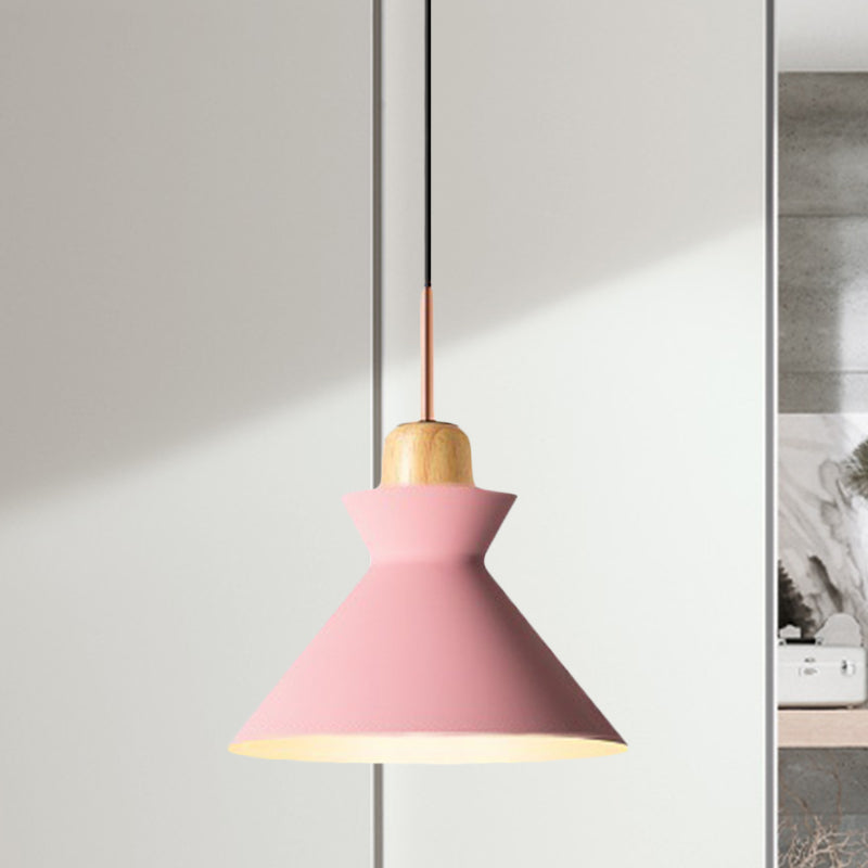Stylish Nordic Conic Pendant Lamp - 1 Bulb Metal & Wood Lighting In Grey/White For Living Room Pink