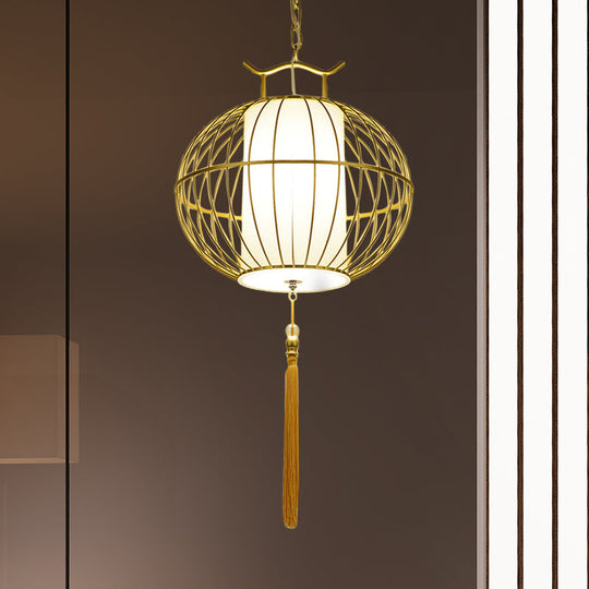 Chinese Style Hanging Pendant Light With Bamboo Shade - Black/Gold Lantern Ceiling Indoor Use