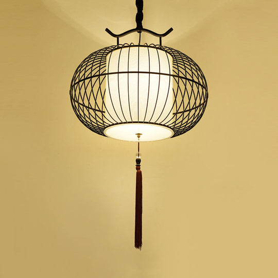 Chinese Style Hanging Pendant Light With Bamboo Shade - Black/Gold Lantern Ceiling Indoor Use