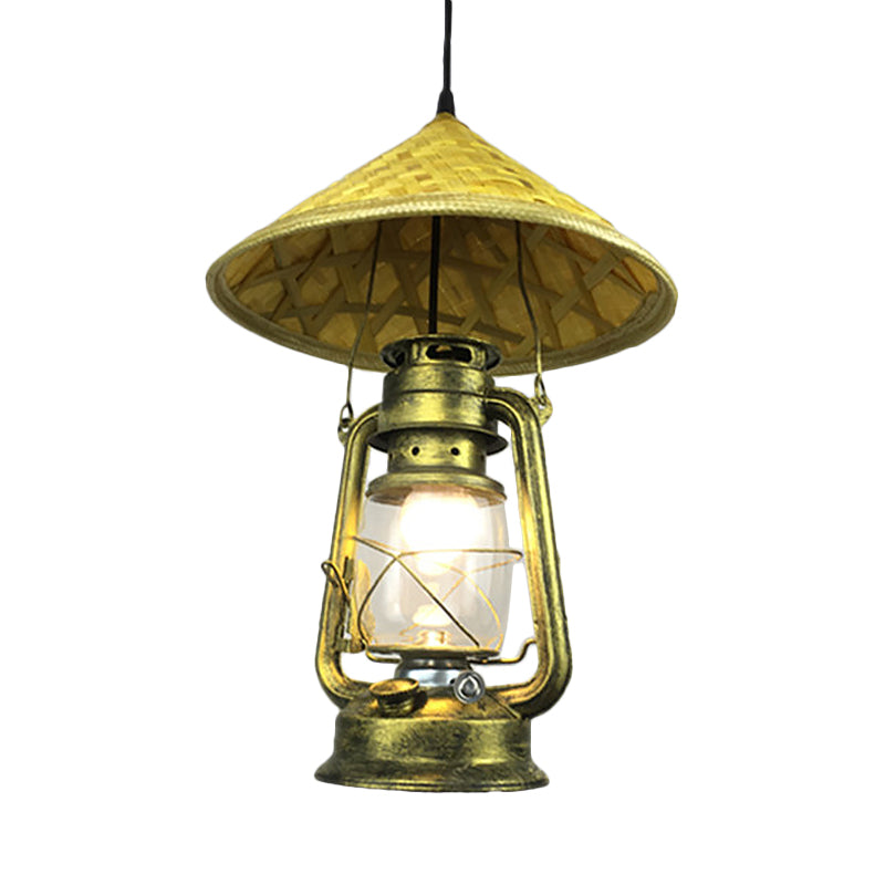 Lodge Style Rattan Hat Pendant Light With Metal Lantern Shade - Brass 12/18 W