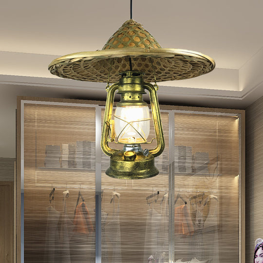 Lodge Style Rattan Hat Pendant Light With Metal Lantern Shade - Brass 12/18 W / 18