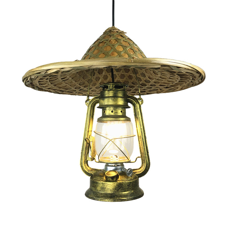Lodge Style Rattan Hat Pendant Light With Metal Lantern Shade - Brass 12/18 W