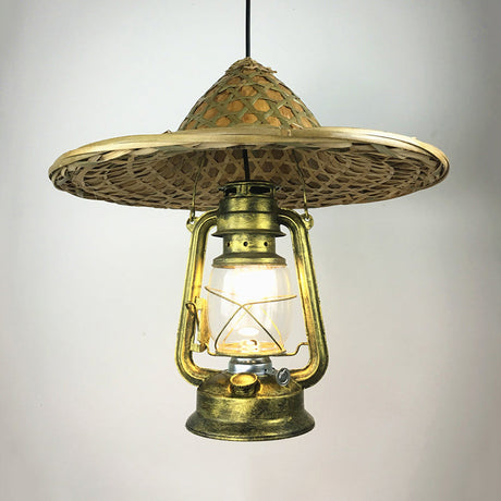 Lodge Style Rattan Hat Pendant Light With Metal Lantern Shade - Brass 12/18 W
