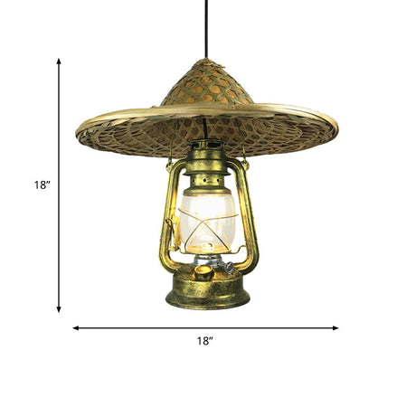 Lodge Style Rattan Hat Pendant Light With Metal Lantern Shade - Brass 12/18 W