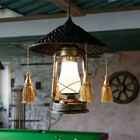 Frosted Glass Lantern Hanging Lamp - Lodge Style Ceiling Fixture For Balcony Black Finish With Hat