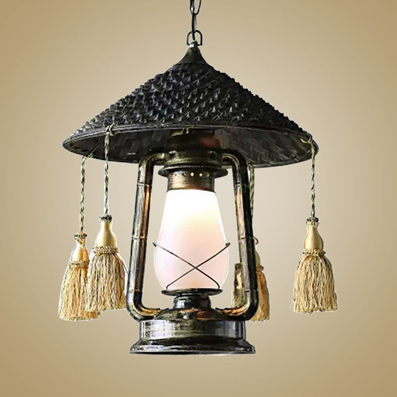 Black Lodge Style Glass Hanging Lantern For Balcony With Hat Design