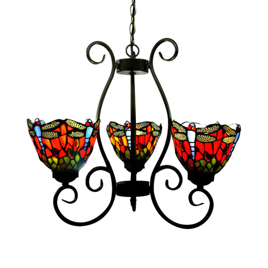Dragonfly Chandelier Pendant Light - Stained Glass Loft Lighting In Red/Blue For Living Room Red