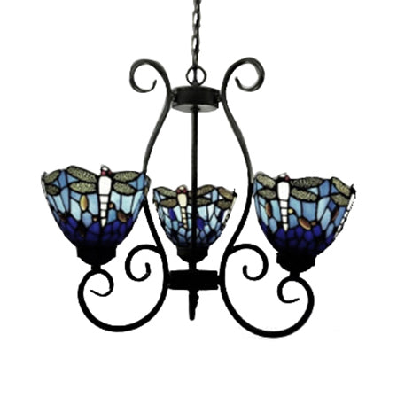 Dragonfly Chandelier Pendant Light - Stained Glass Loft Lighting In Red/Blue For Living Room