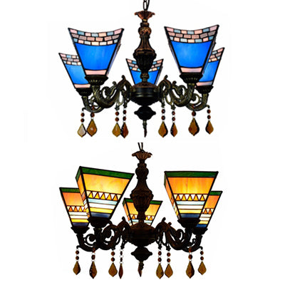 Geometrischer Kronleuchter im Retro-Stil aus Buntglas mit Kristallanhängern – 5 Glühbirnen in Gelb/Blau für das Schlafzimmer