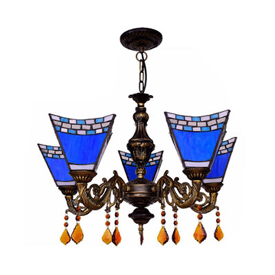 Geometrischer Kronleuchter im Retro-Stil aus Buntglas mit Kristallanhängern – 5 Glühbirnen in Gelb/Blau für das Schlafzimmer