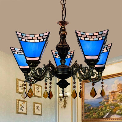 Geometrischer Kronleuchter im Retro-Stil aus Buntglas mit Kristallanhängern – 5 Glühbirnen in Gelb/Blau für das Schlafzimmer