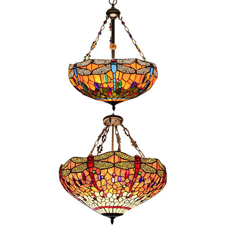 Tiffany-Pendelleuchte mit Libellenmuster, orangefarbene Deckenleuchte mit Schale, 45,7 cm/59,4 cm breit, Lodge-Stil für das Foyer