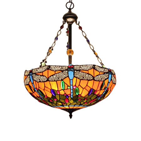 Tiffany-Pendelleuchte mit Libellenmuster, orangefarbene Deckenleuchte mit Schale, 45,7 cm/59,4 cm breit, Lodge-Stil für das Foyer