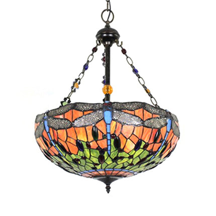 Tiffany-Pendelleuchte mit Libellenmuster, orangefarbene Deckenleuchte mit Schale, 45,7 cm/59,4 cm breit, Lodge-Stil für das Foyer