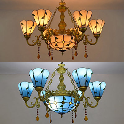 Blau/Beiger Buntglas-Kristall-Kronleuchter mit rustikalem Blattmuster und 8 Lichtern