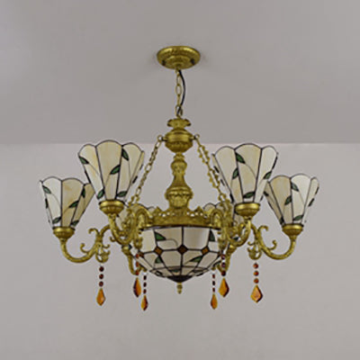 Blau/Beiger Buntglas-Kristall-Kronleuchter mit rustikalem Blattmuster und 8 Lichtern