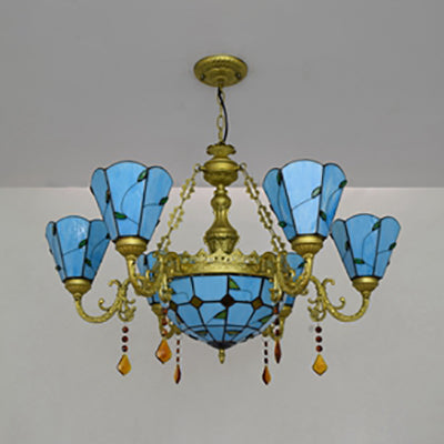 Blau/Beiger Buntglas-Kristall-Kronleuchter mit rustikalem Blattmuster und 8 Lichtern