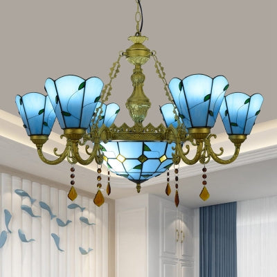 Blau/Beiger Buntglas-Kristall-Kronleuchter mit rustikalem Blattmuster und 8 Lichtern