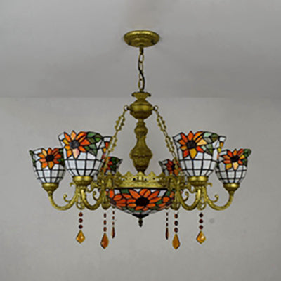 Atemberaubender umgekehrter Kronleuchter mit Tiffany-Buntglas, 7 Kristalllichtern und buntem Sonnenblumenmuster aus Messing