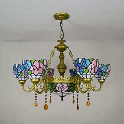 Atemberaubender umgekehrter Kronleuchter mit Tiffany-Buntglas, 7 Kristalllichtern und buntem Sonnenblumenmuster aus Messing