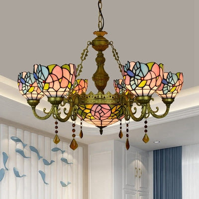 Atemberaubender umgekehrter Kronleuchter mit Tiffany-Buntglas, 7 Kristalllichtern und buntem Sonnenblumenmuster aus Messing