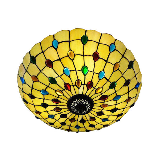 Retro Style Stained Glass Ceiling Light - Wide Bowl Design 12/16/19.5-Inch Flushmount