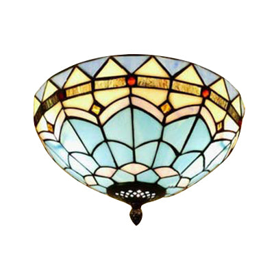 Stained Glass Bowl Flush Mount Ceiling Light - Lodge Style 1/2/4 Blue/Light Blue 12/16/19.5 Width /