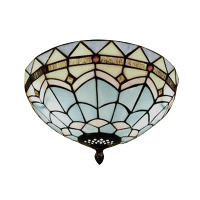 Stained Glass Bowl Flush Mount Ceiling Light - Lodge Style 1/2/4 Blue/Light Blue 12/16/19.5 Width